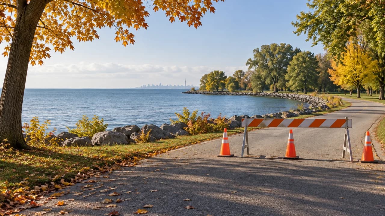 AI-generated editorial illustration: An illustrative lakeside park road with traffic cones and a temporary barrier.