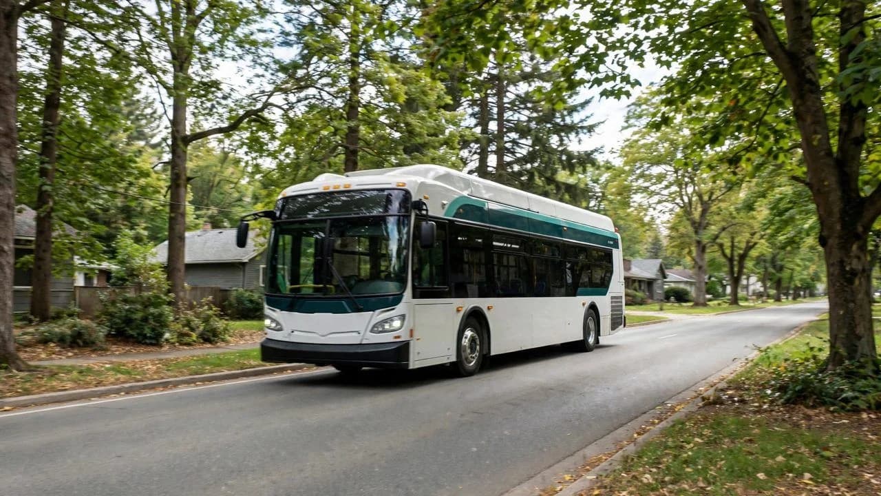 Photorealistic image of a transit bus on a suburban street