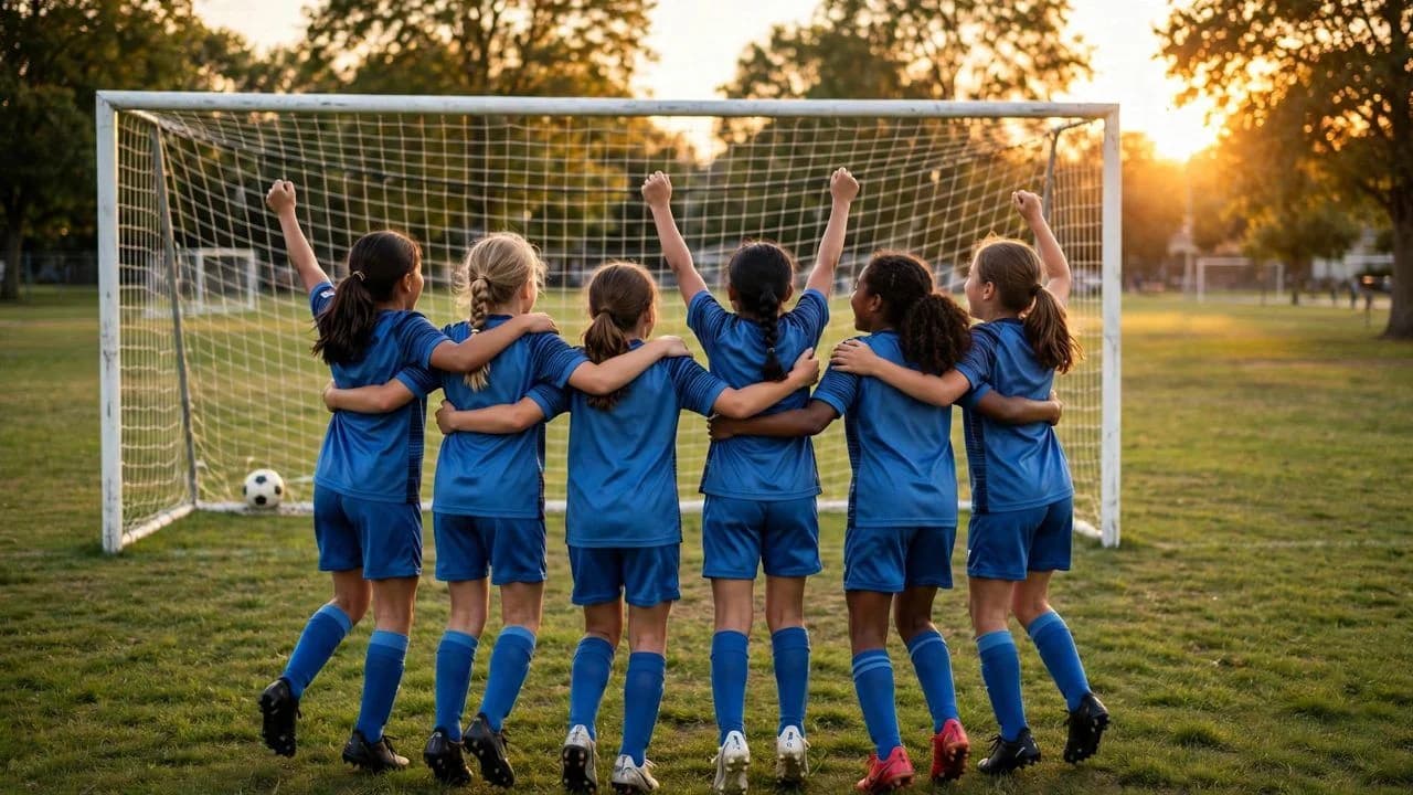 Photorealistic image of a girls youth soccer team celebrating on a community field at golden hour, seen from behind