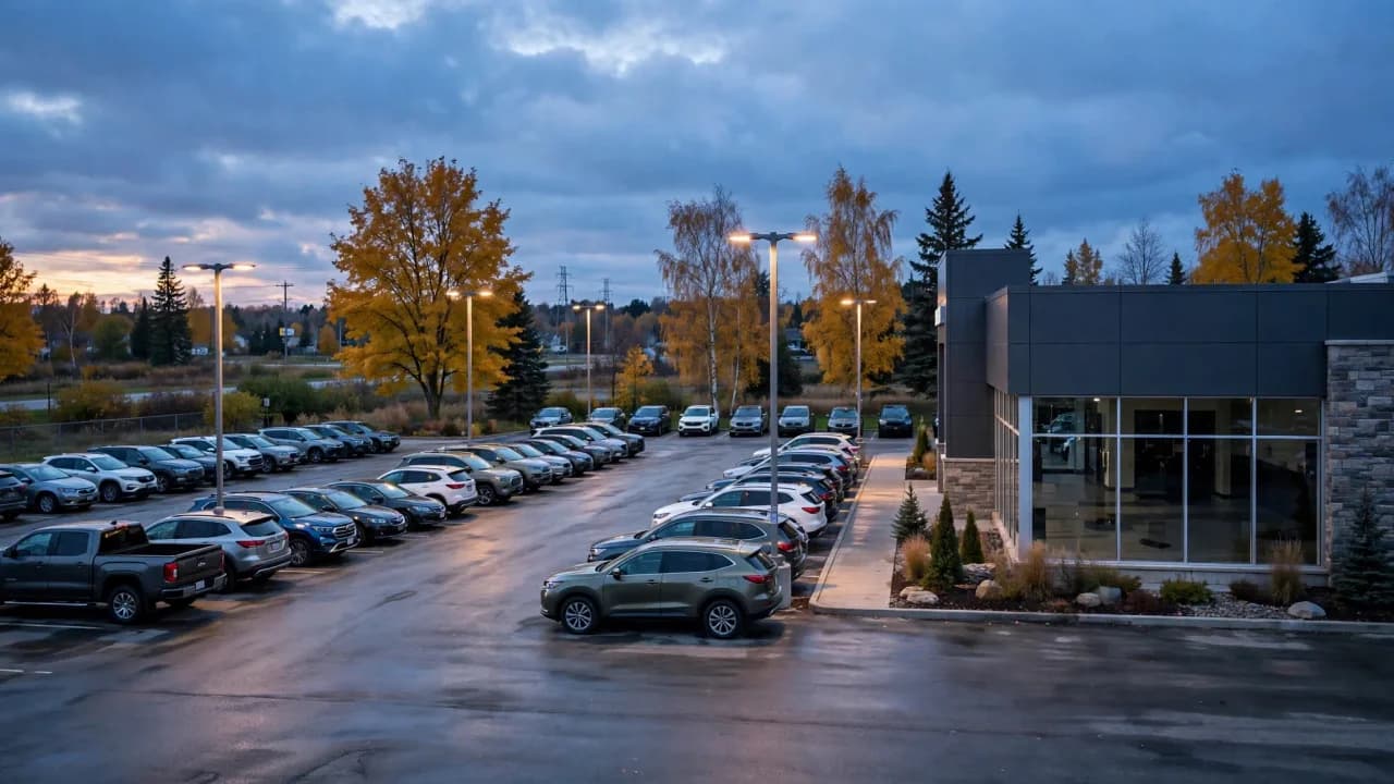 AI-generated illustration of a car dealership lot at dusk