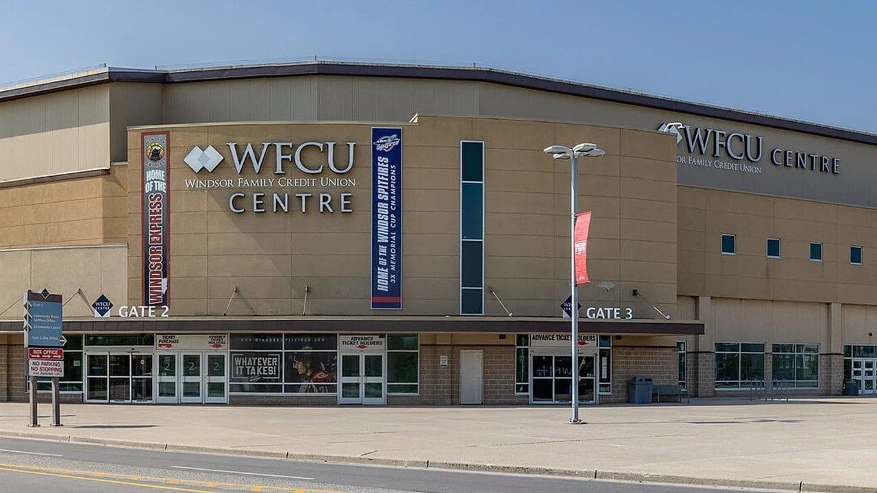 Exterior of the WFCU Centre arena in Windsor, Ontario — home of the Windsor Spitfires; no people present