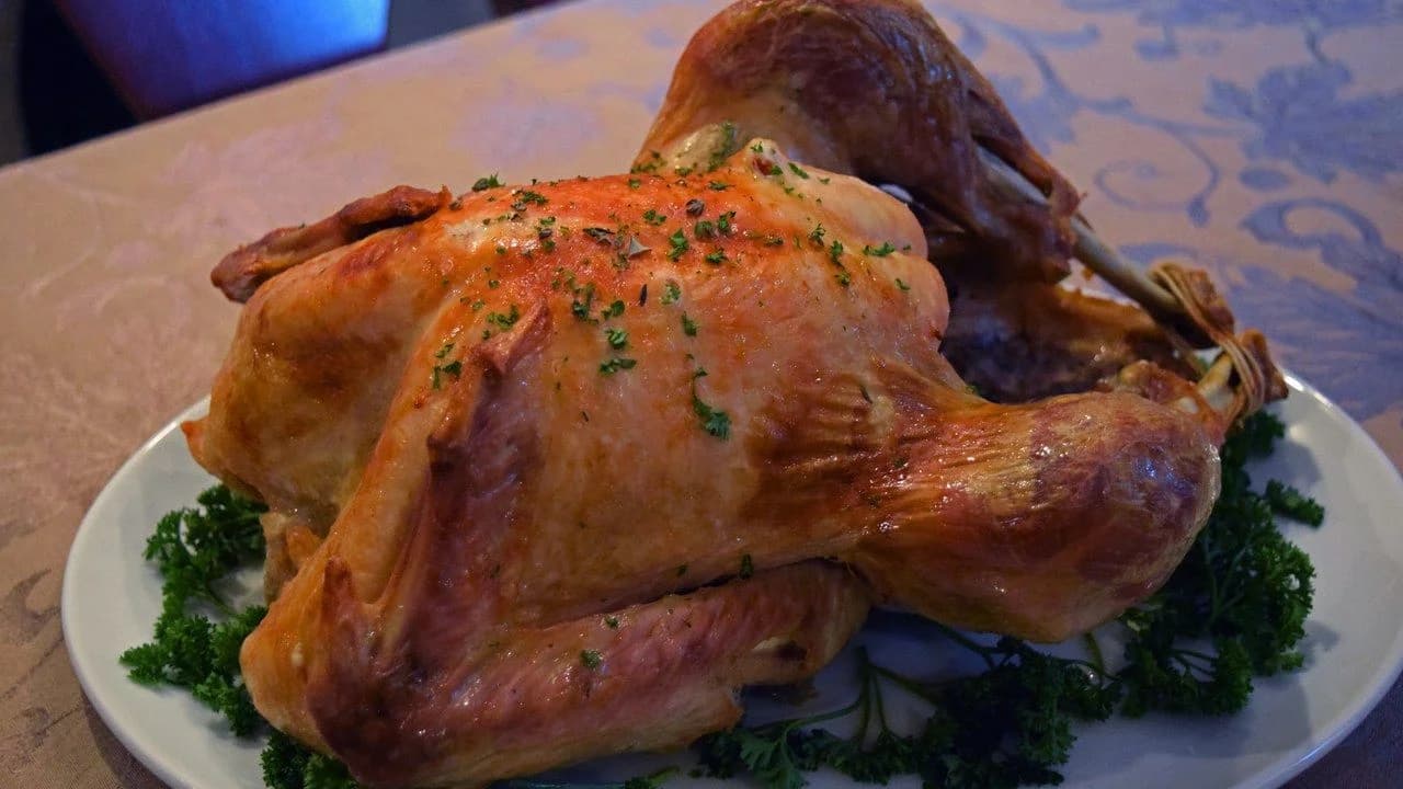 A whole roasted turkey on a white platter garnished with parsley; no people present