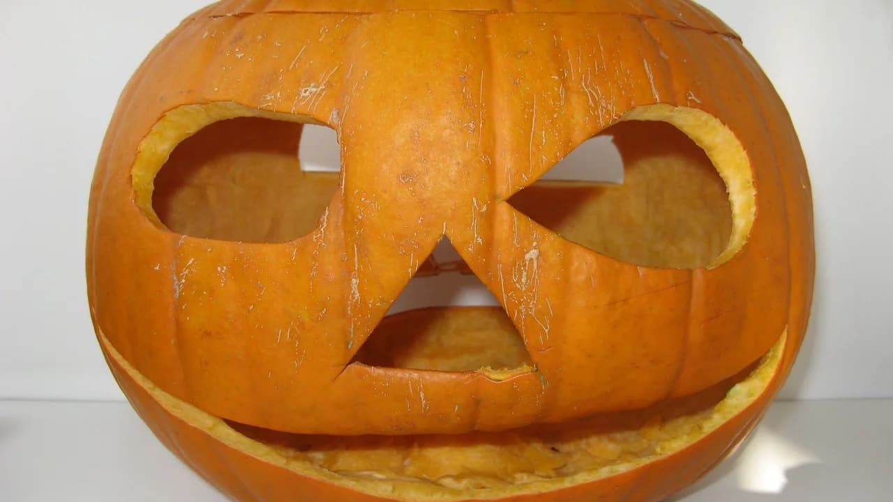 A single carved jack-o'-lantern pumpkin; no people visible.
