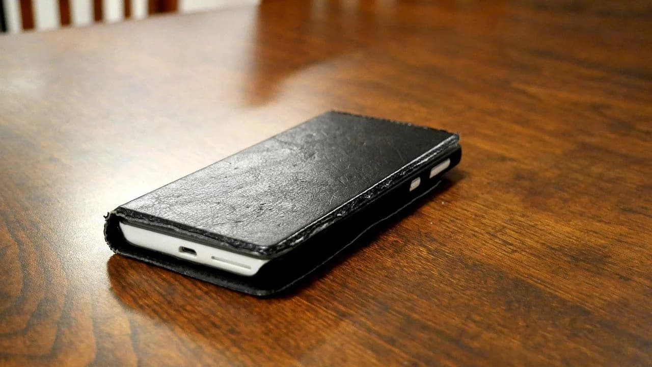 A smartphone in a black flip-style case lying on a wooden table; no people visible