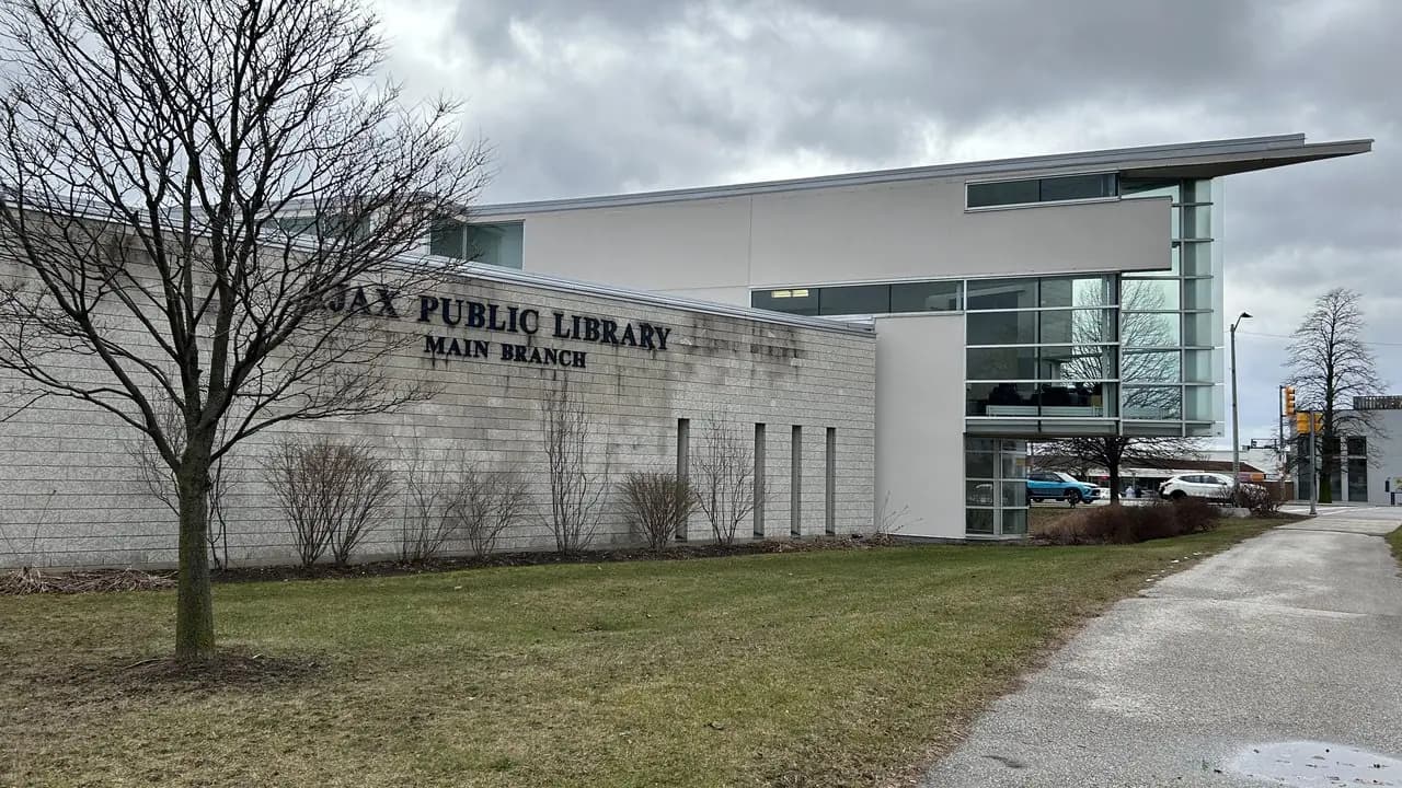 The main branch of Ajax Public Library at Harwood Avenue and Kings Crescent in Ajax, Ontario