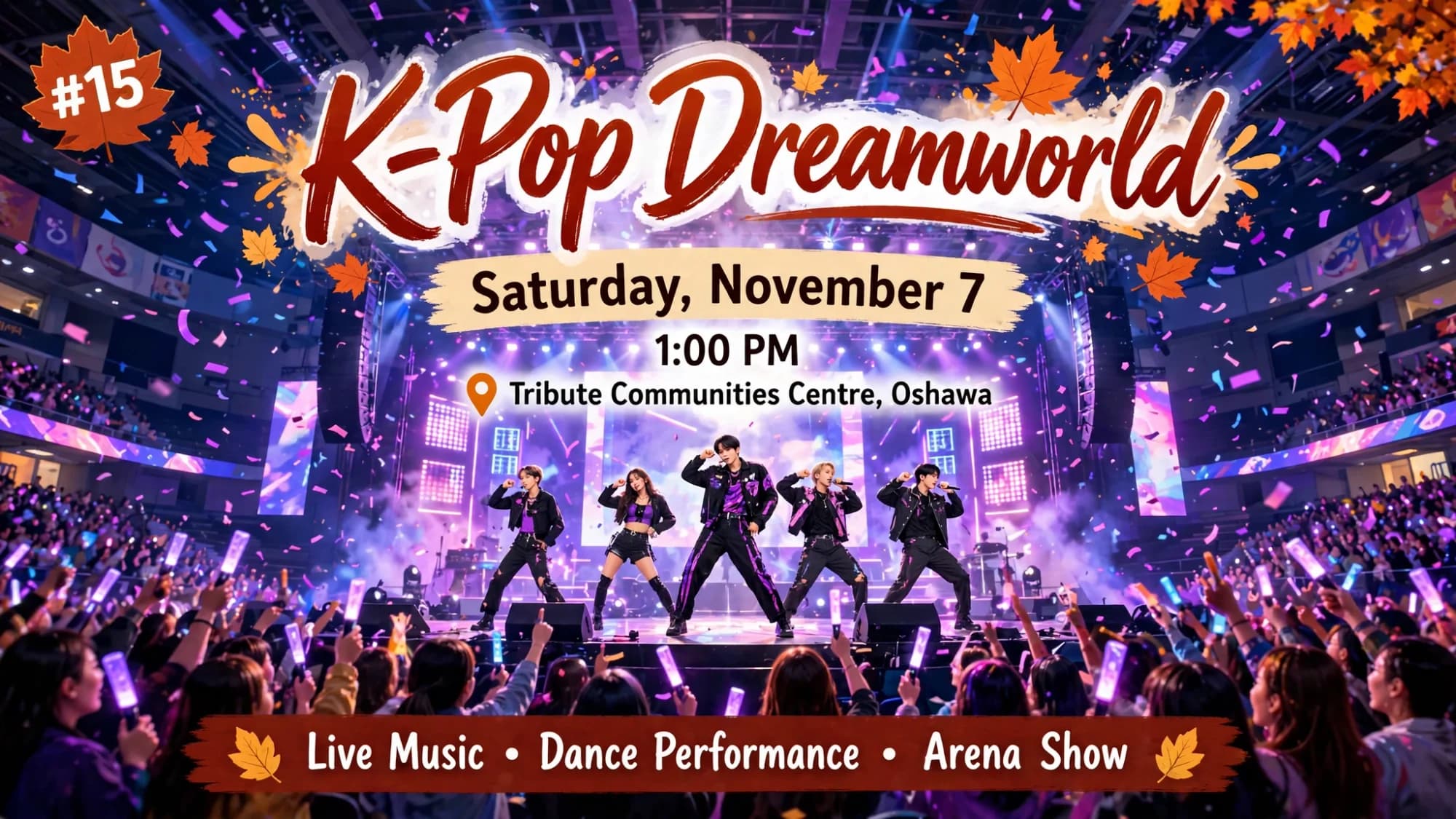K-Pop Dreamworld concert poster: a pop group performing on a glowing arena stage with confetti