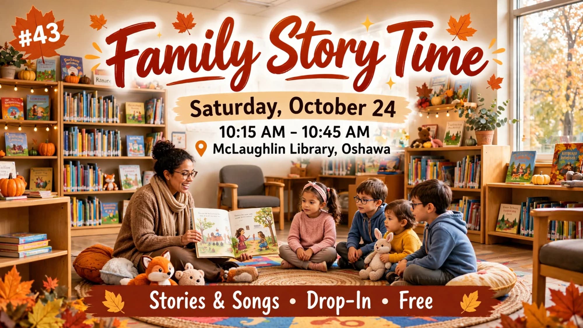 Poster for Family Story Time on Saturday, October 24 at McLaughlin Library in Oshawa, with a storyteller reading a picture book to children.