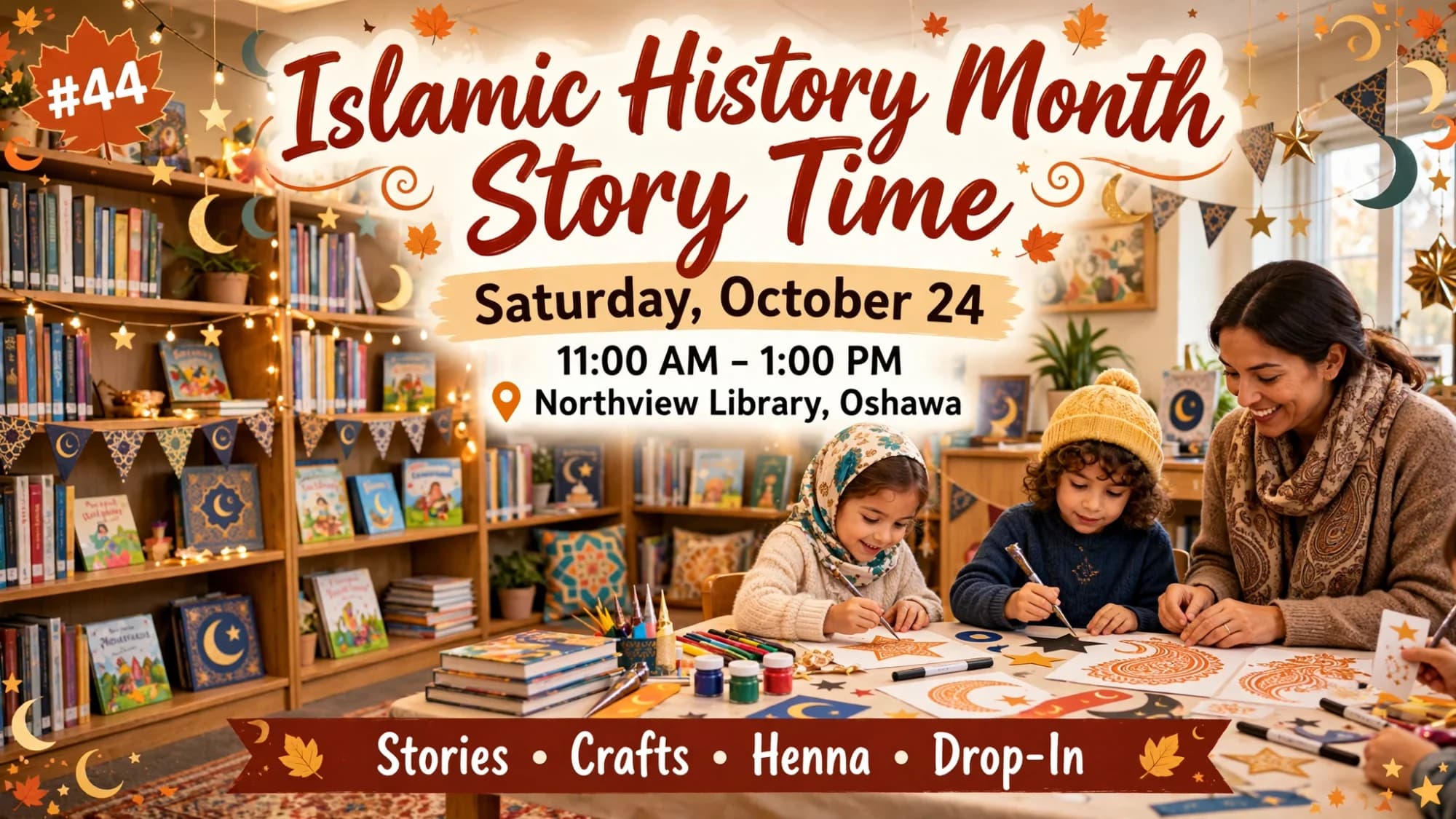 Poster for Islamic History Month Story Time on Saturday, October 24 at Northview Library in Oshawa, with children doing crescent and star crafts.