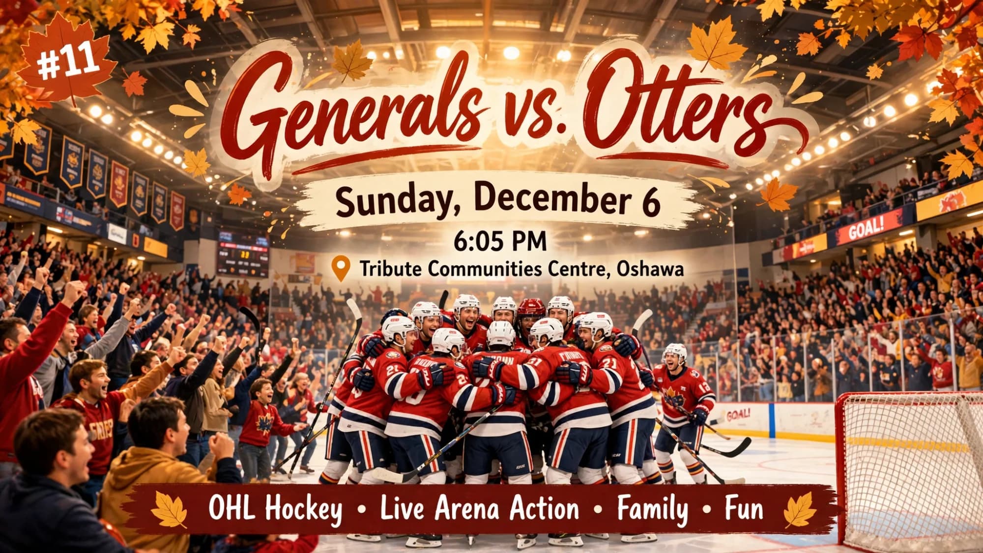 Generals vs. Otters hockey game poster: a goal celebration in a packed arena