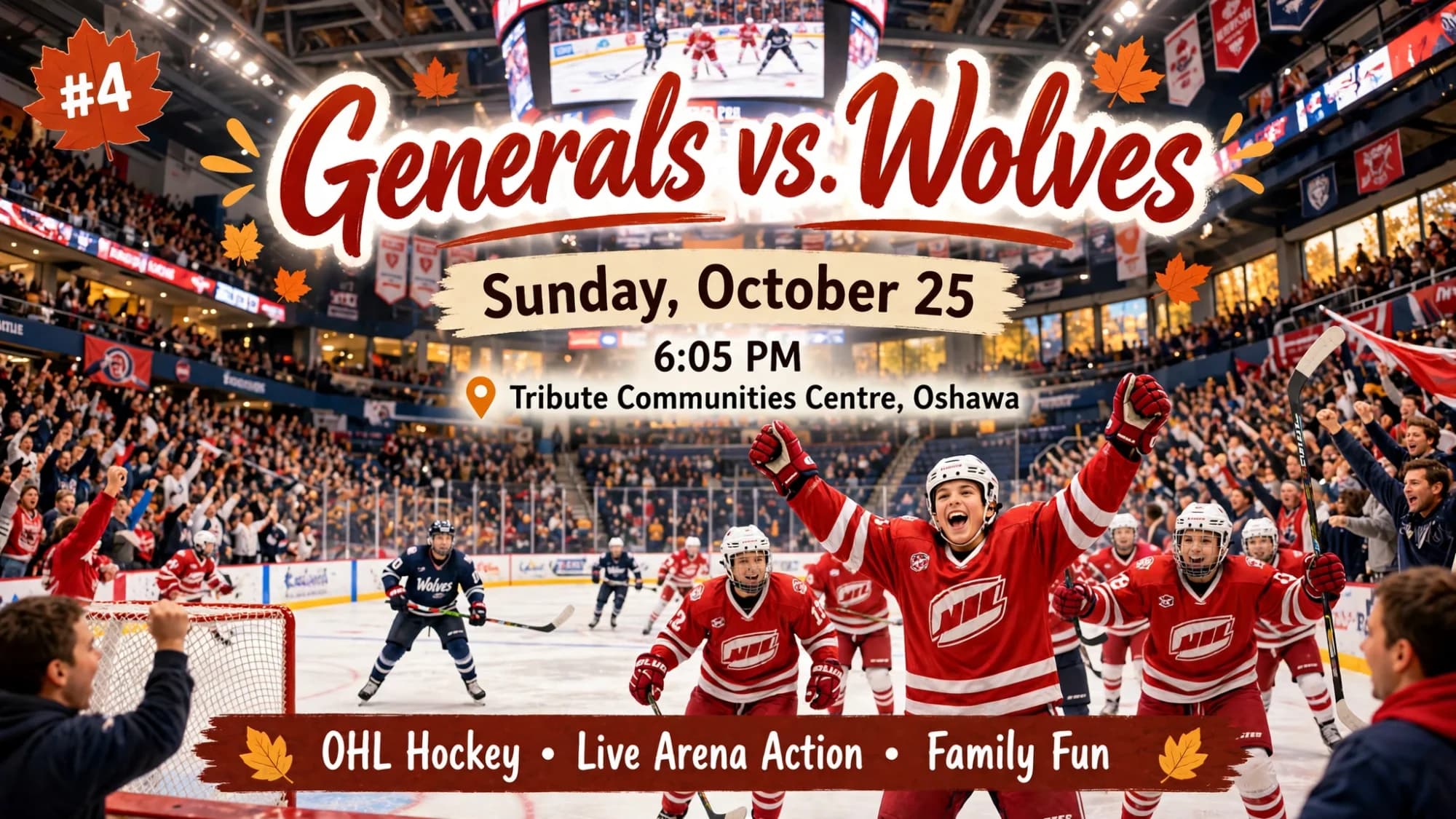Generals vs. Wolves hockey game poster: a Generals player celebrating a goal in a packed arena
