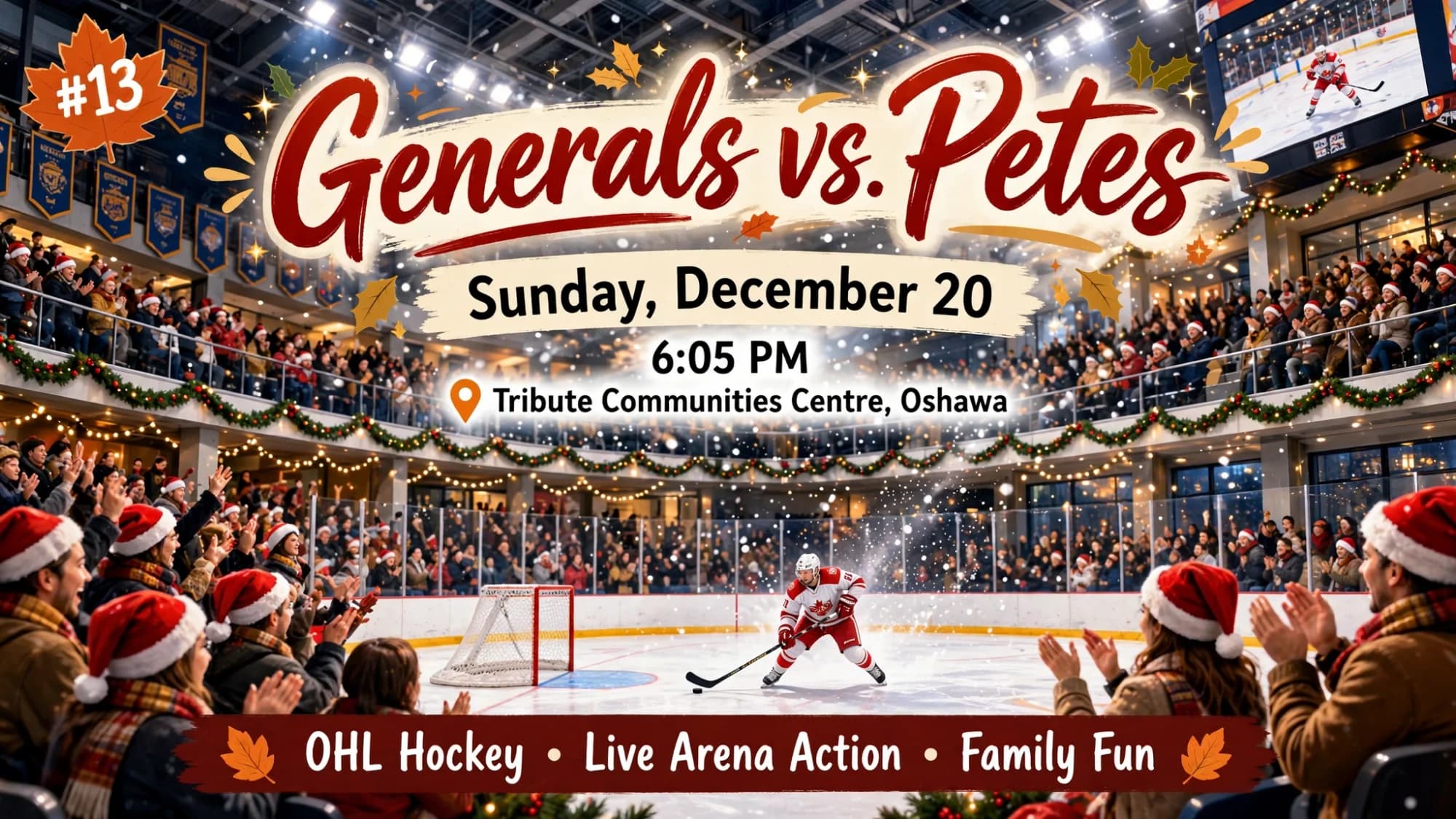 Generals vs. Petes hockey game poster: a festive pre-Christmas game with fans in Santa hats