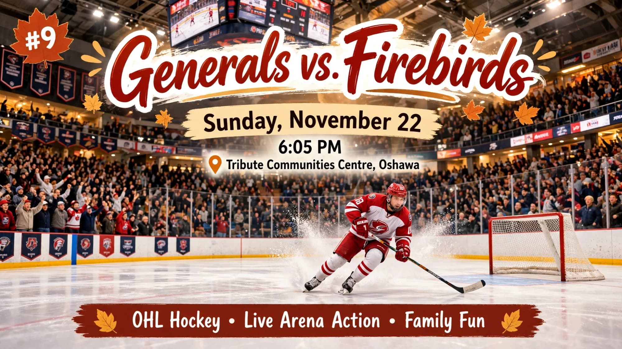 Generals vs. Firebirds hockey game poster: a player on a breakaway in a packed arena