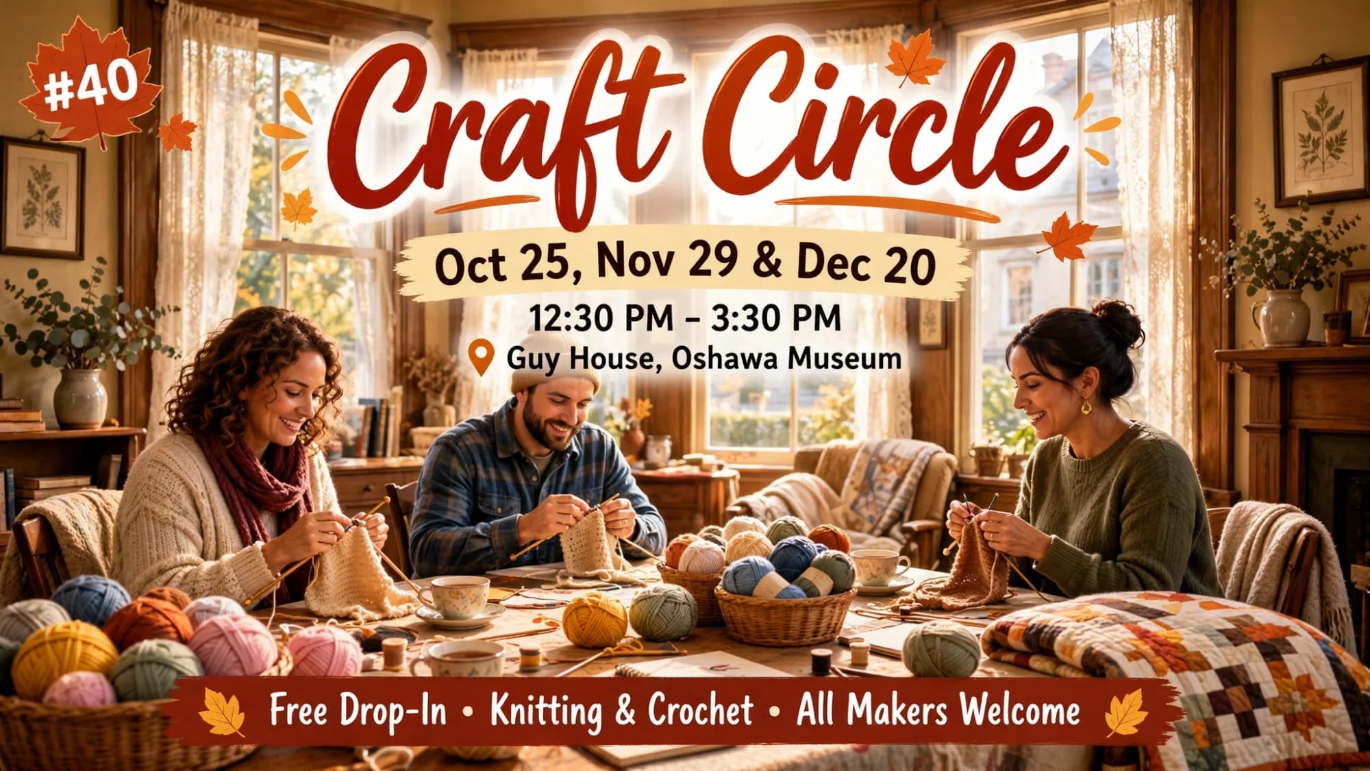 Craft Circle poster: friends knitting and crocheting around a table in a heritage house parlour