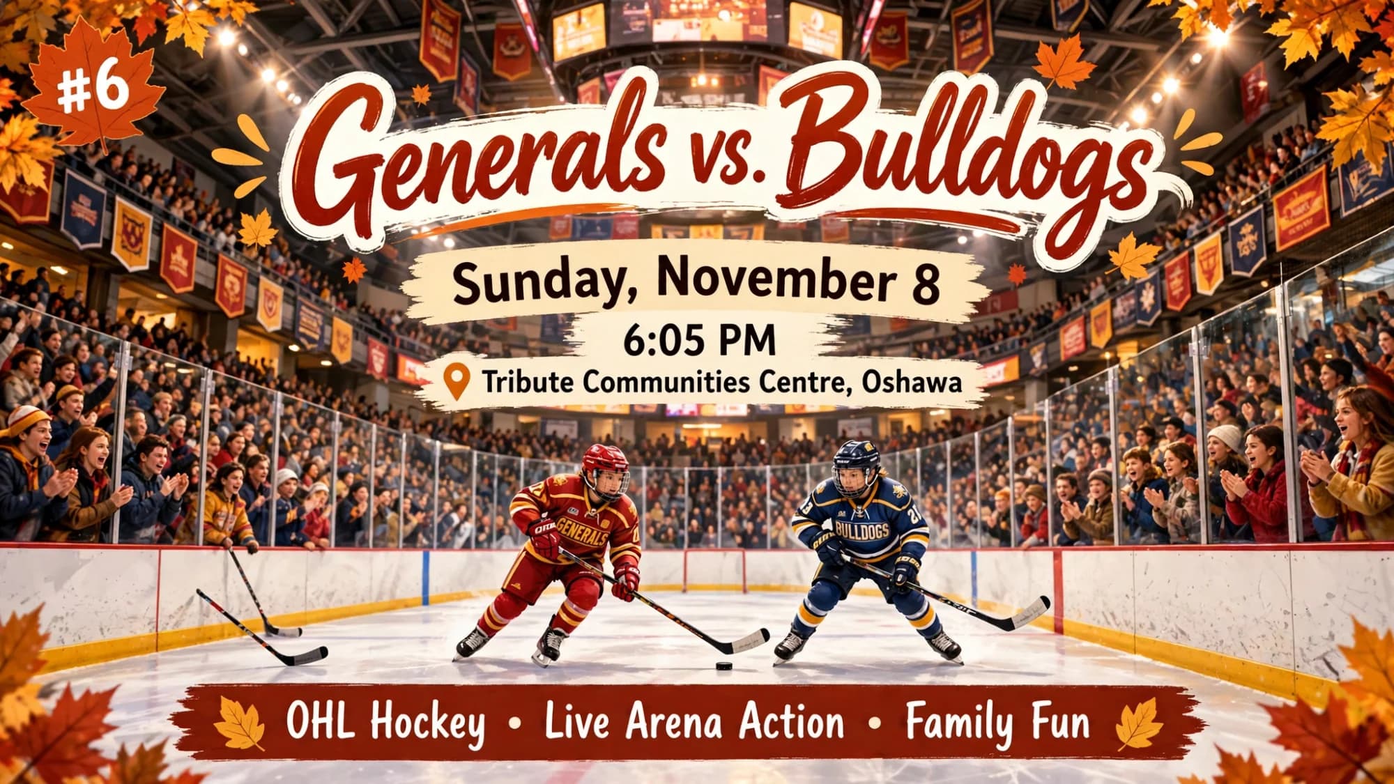 Generals vs. Bulldogs hockey game poster: two players racing for the puck along the boards