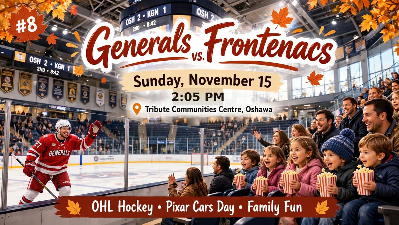 Generals vs. Frontenacs hockey game poster: kids with popcorn cheering at a Sunday afternoon game