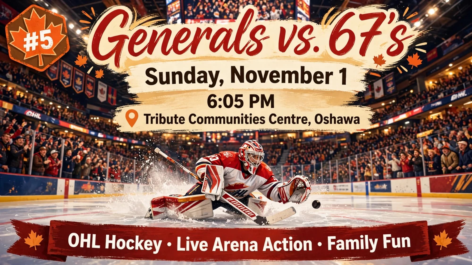 Generals vs. 67's hockey game poster: a goaltender making a glove save in a packed arena
