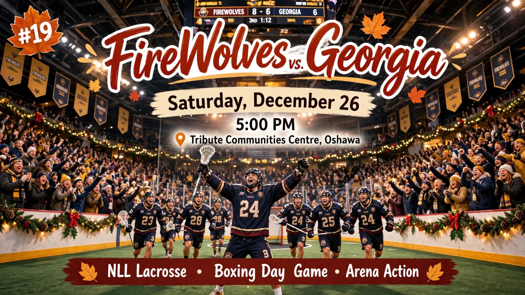 FireWolves vs. Georgia lacrosse poster: a Boxing Day goal celebration in a packed arena