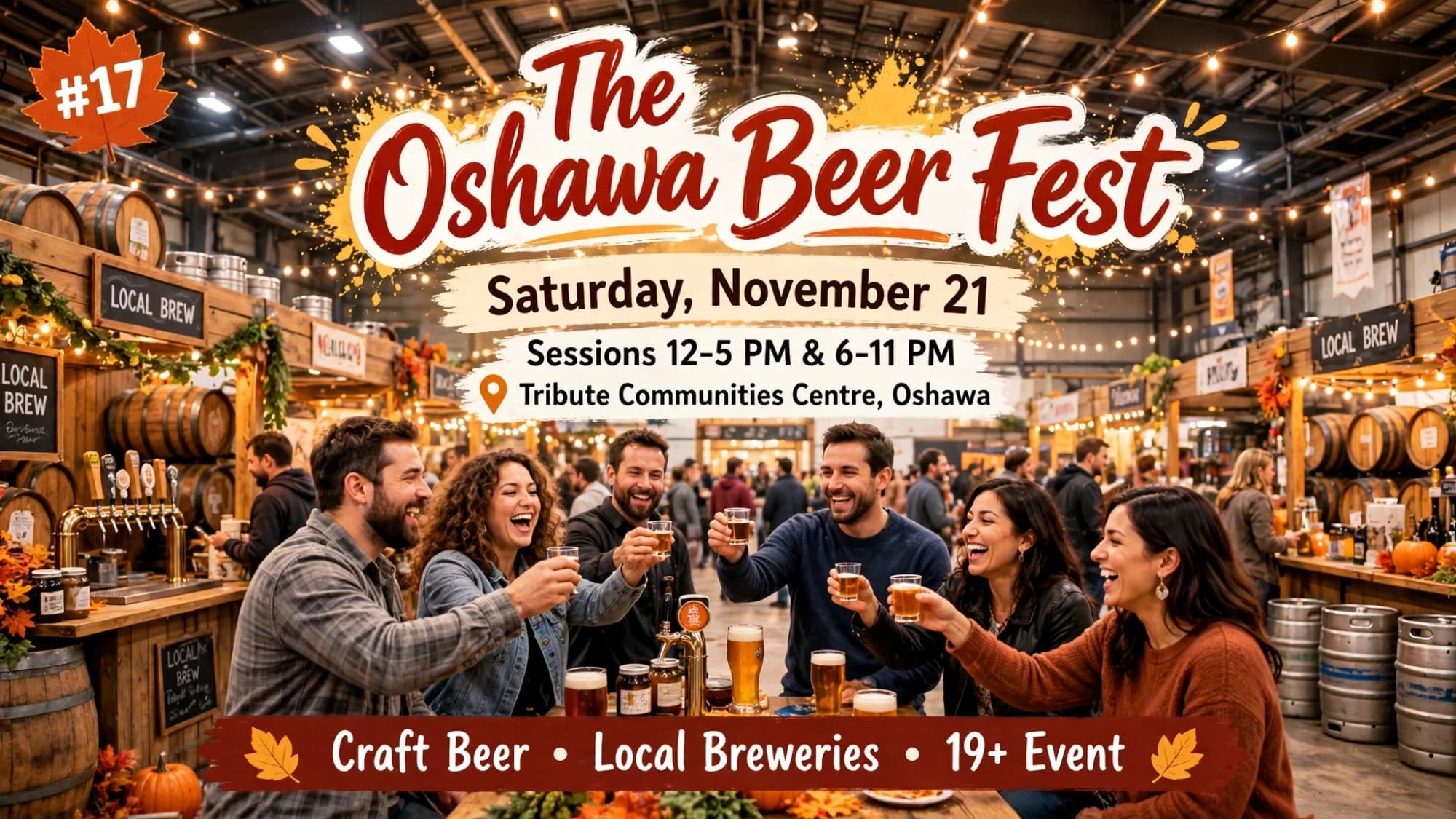 The Oshawa Beer Fest poster: friends toasting with craft beer sample glasses at brewery stalls