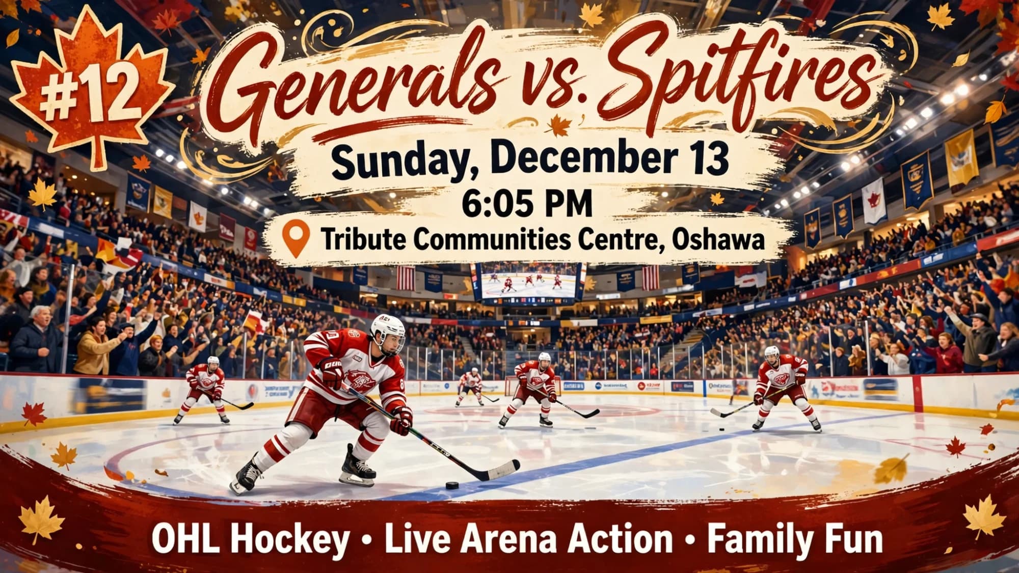 Generals vs. Spitfires hockey game poster: a one-timer slapshot in a packed arena