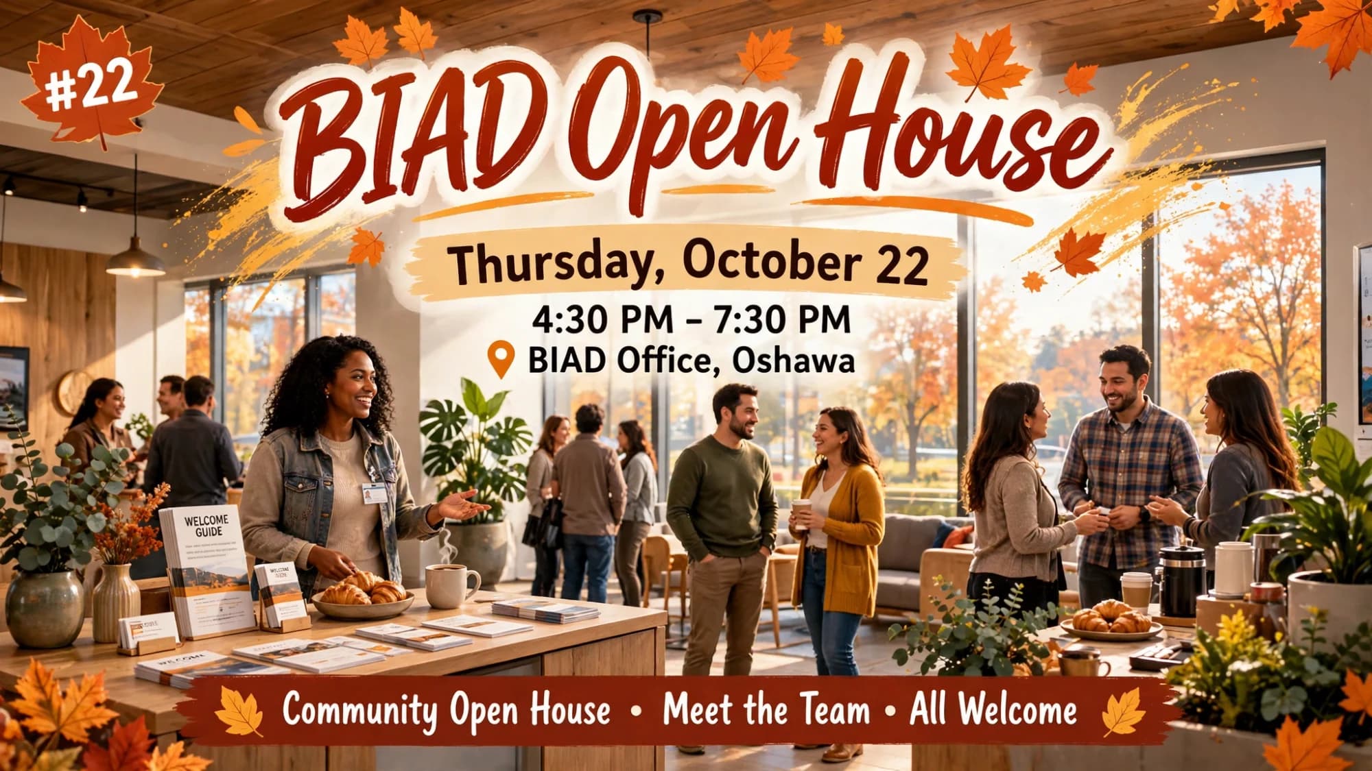 BIAD Open House poster: staff welcoming visitors at a bright community office