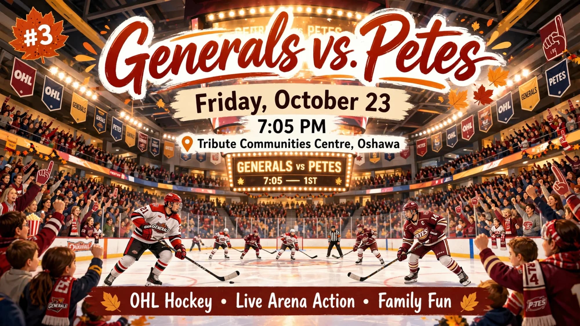 Generals vs. Petes hockey game poster: players facing off at centre ice in a packed arena