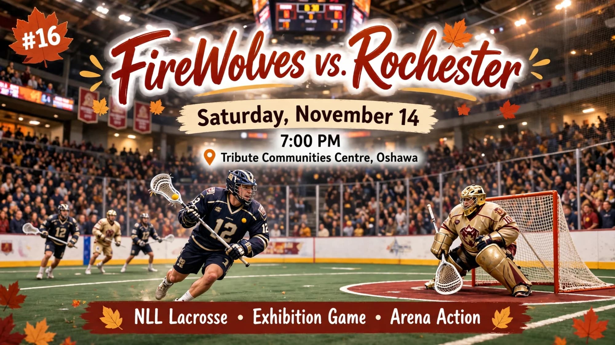 FireWolves vs. Rochester lacrosse poster: a player charging toward the goalie in an arena
