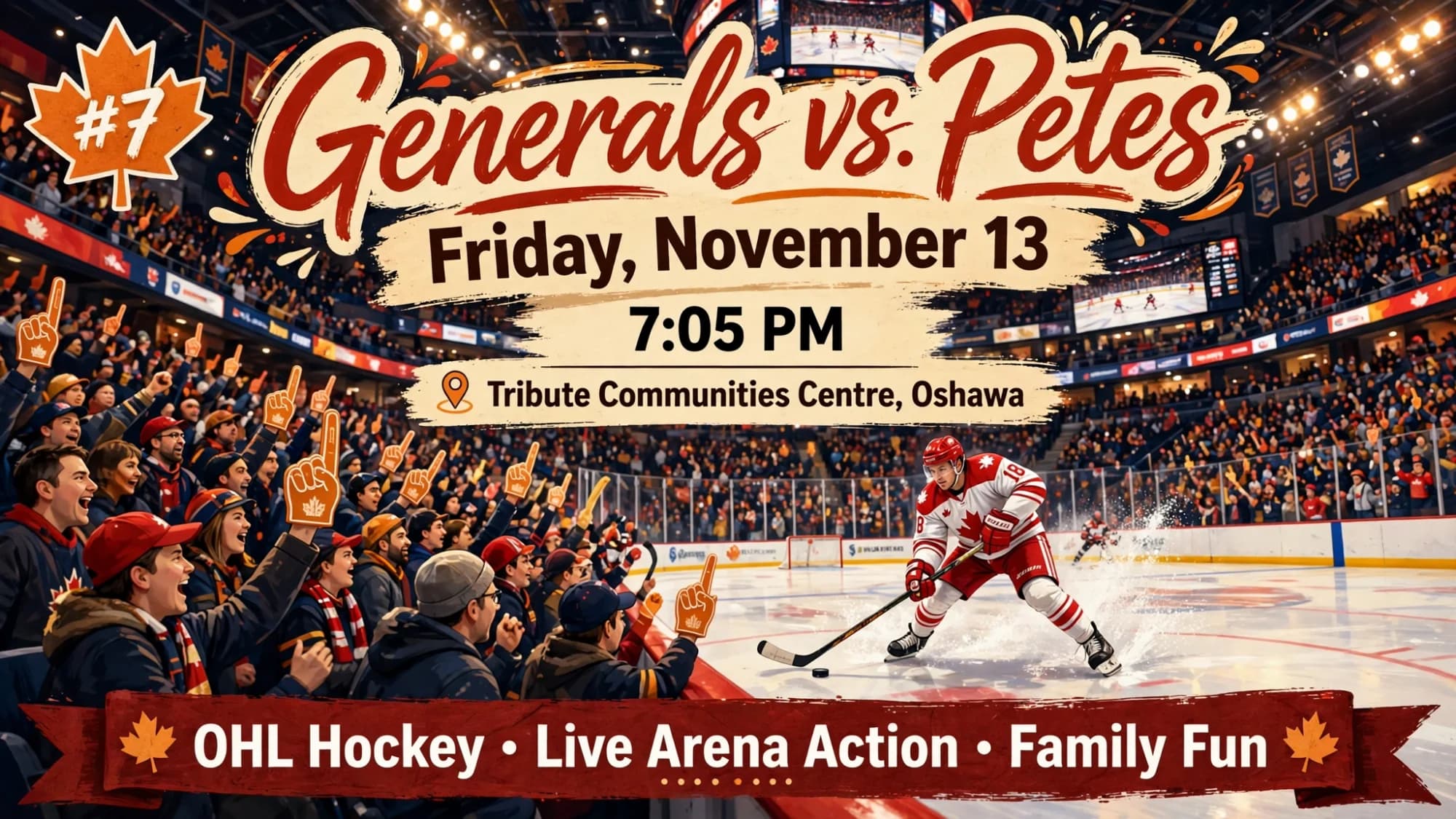 Generals vs. Petes hockey game poster: a slapshot in a packed arena on a Friday night