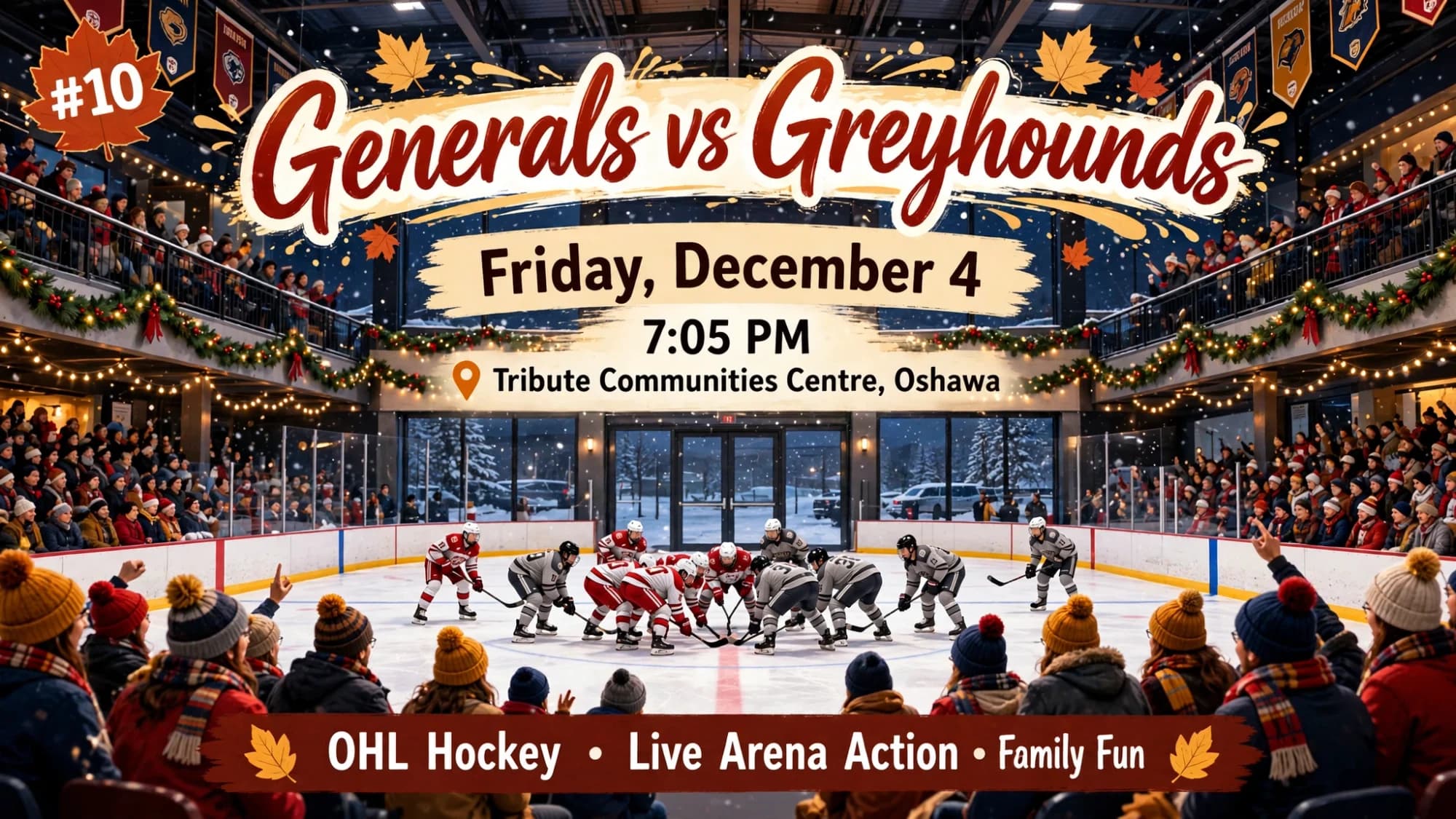 Generals vs. Greyhounds hockey game poster: a faceoff in a festively decorated December arena