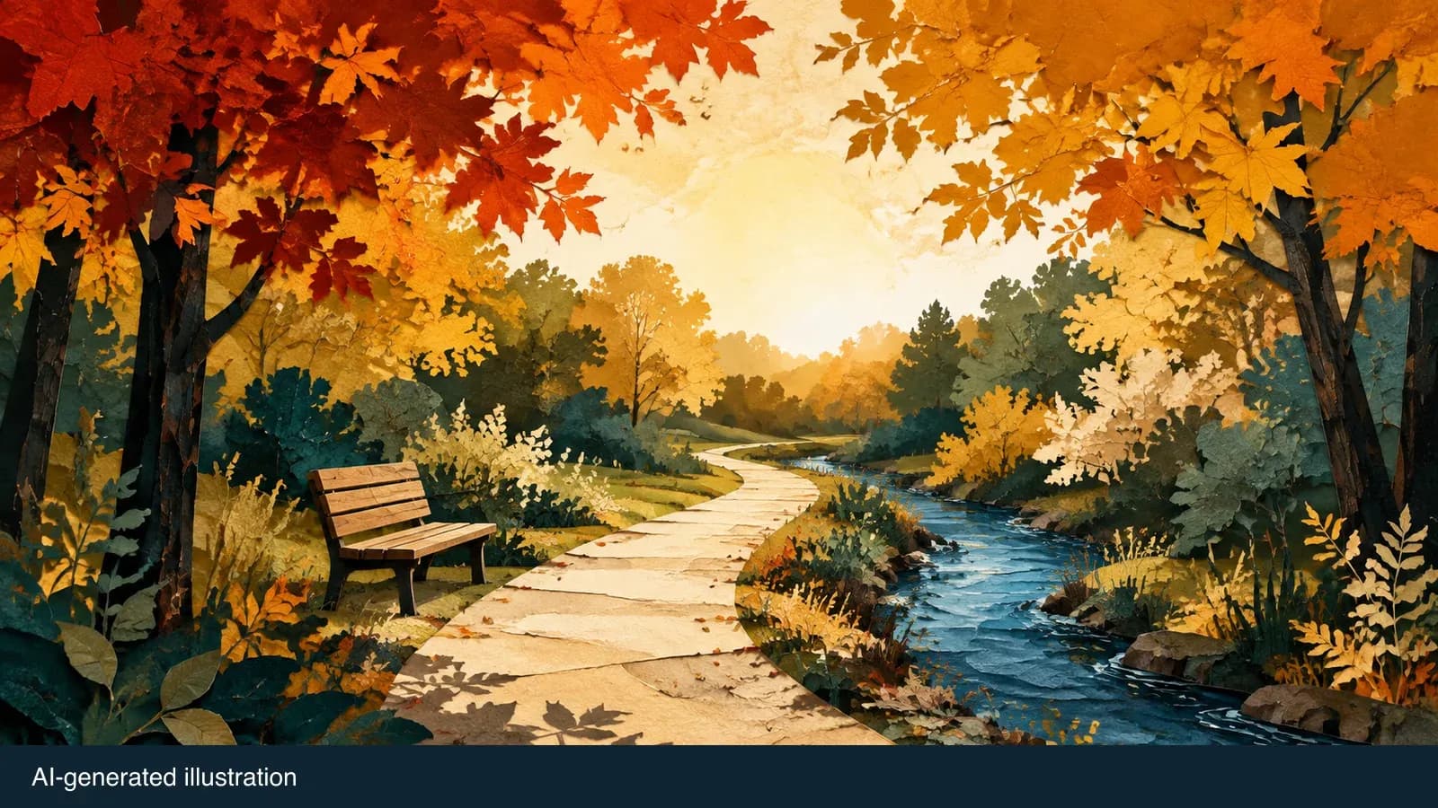 Illustrated open creek-side walking trail. AI-generated illustration.