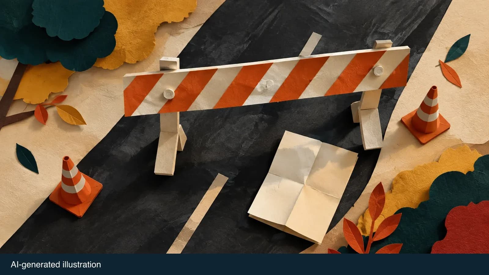 Illustrated road barrier and municipal closure notice. AI-generated illustration.