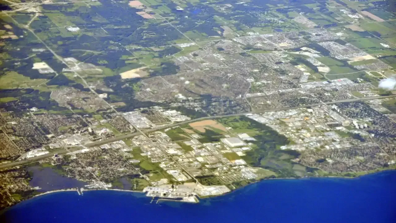 Aerial view of Pickering, Ontario, with Frenchman's Bay, Lake Ontario and surrounding neighbourhoods.